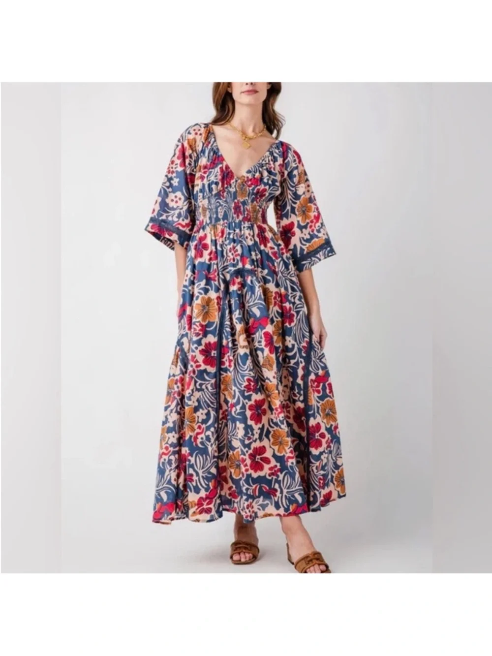 Free People Navy Floral Maxi Dress with Red & Mustard Blooms - Picture 3 of 4